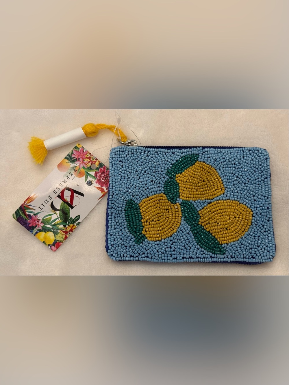 Express Edit. Handcrafted Beaded Lemon coin pouch wallet- Blue and Yellow. NWT